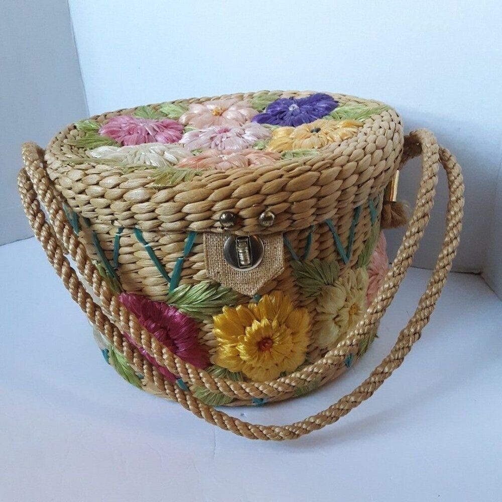 Vintage 70's Straw Floral Hats/ Tote Bag
